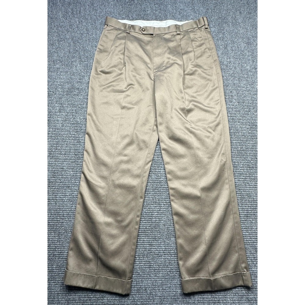 Roundtree & Yorke Dress Pants Mens 36x30* Brown Cotton Pleated Cuffed Chino